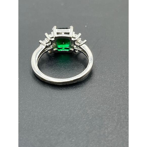 Sterling Silver Rhodium Plated Emerald Cut Green CZ Stone Baguette Side CZ 8.25 - Picture 7 of 11